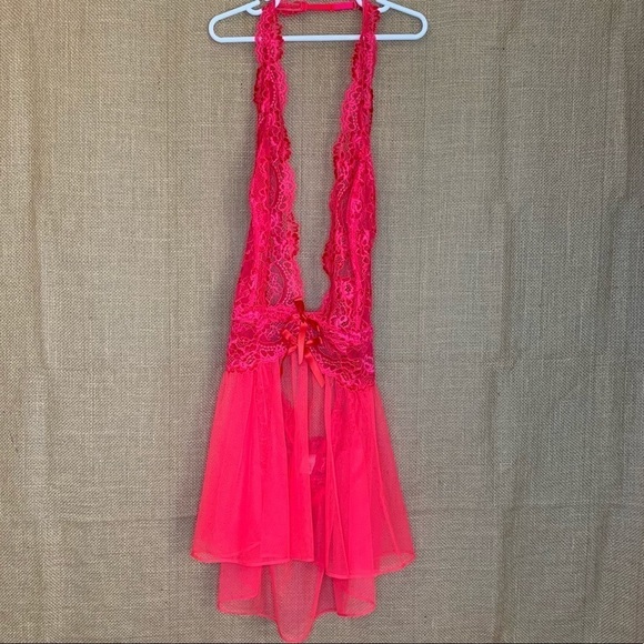 Victoria's Secret Red Sheer Lace Halter Babydoll Lingerie Large - Picture 1 of 3